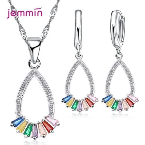 925 Silver Color Fashion Jewelry Sets Multicolor Cubic Zircon Statement Necklace Earrings Wedding Jewelry for Women Bridal Gifts