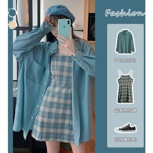 2021 Summer and Autumn Suit Blue Sunscreen Shirt + Plaid Sling Slim A-line Dress Western Style Two-piece Female LN89