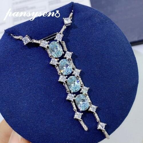 PANSYSEN S925 Sterling Silver Created Lake Blue Topaz Aquamarine Gemstone Tassel Diamond Necklace Ladies Fine Jewelry Wholesale