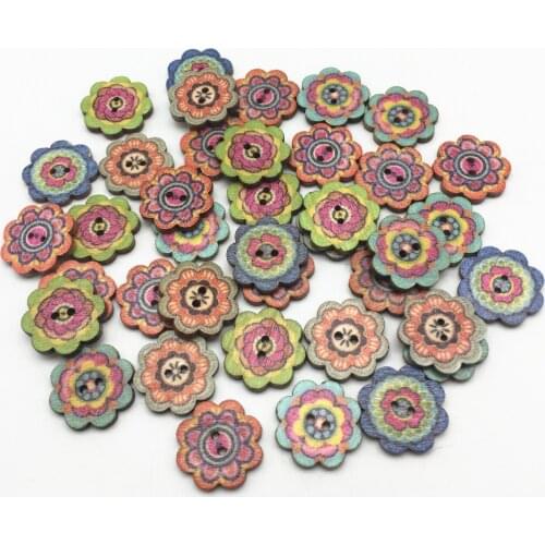 100pcs 20mm Mixed Flowers Wooden Buttons For Scrapbooking Sewing 2 Holes Decorative Accessories Embellishments