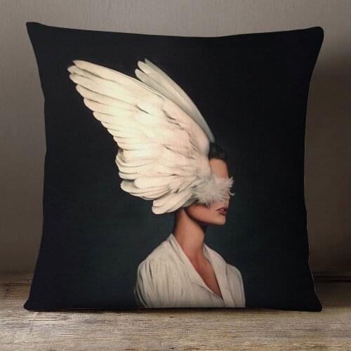 Abstract Artistic Figures Girl Feather Home Decorative Sofa Pillow Case Decoration Portrait Cushion Cover Almofadas45X45cm