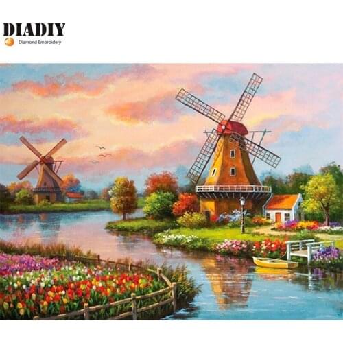 Full Square/Round Drill 5D DIY Diamond Painting Windmill Landscape 3D Embroidery Cross Stitch Mosaic Home Decor
