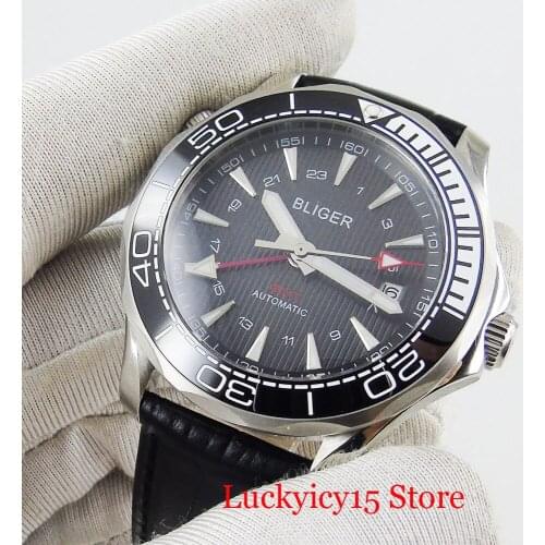 BLIGER 41mm Sapphire Glass Date Window GMT Function Rotating Bezel Mechanical Automatic Men Watch Leather Strap