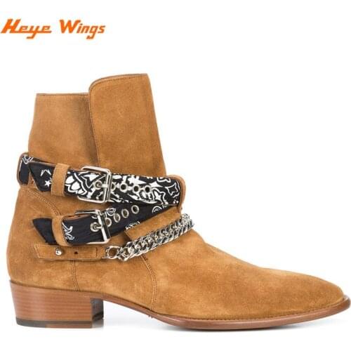 Fashion Celebrity Ankle Boots Mens Metal Chain Buckle Strap Chelsea boots Comfortable Suede Coe Leather Men Chelsea Boots