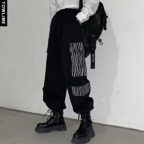 Gothic Streetwear Cargo Pants Women Casual Jogger Black High Waist Loose Trousers Couple Zebra-Stripe Pocket Hip Hop Pantaloon