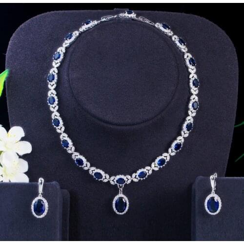 EYER CZ Big Round Cubic Zirconia Luxury Bridal Wedding Royal Blue Stone Crystal Necklace and Earrings Jewelry Sets for Brides