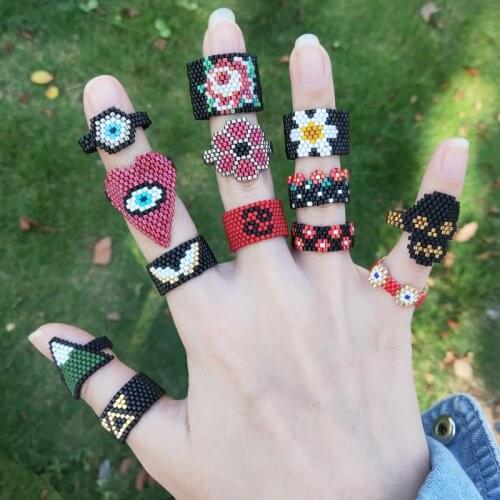 FAIRYWOO Handmade Jewelry DIY Eye Ring For Woman Miyuki Ring Set Skeleton Ring Flower Rings Fashion Geometric Ring Set Wholesale