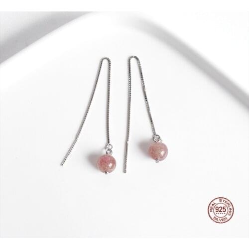 LKO Pink Strawberry Crystal 925 Sterling Silver Ear Line Sweet Personality Fashion Drop Earrings For Women Jewelry Accessories