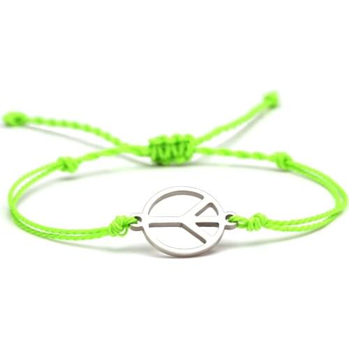 Cute Stainless Steel Peace Sign Charm Bracelet Women Girl Green Blue Grey Waxed Cord New Fashion Vintage Beach Jewelry Present