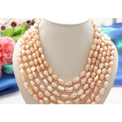 Vogue popular 6row 12mm pink baroque freshwater cultured pearl necklace 17"