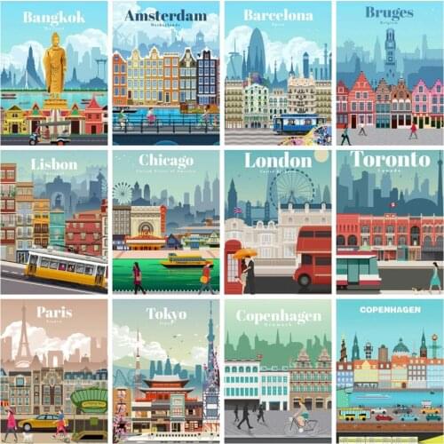 Huacan Diamond Painting Kit City Scenery 5d Diy Diamond Mosaic Building Town Landscape Embroidery Decor Home