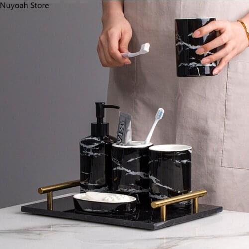 Bathroom Set Nordic Black and White Marbled Ceramic Toothpaste Dispenser Toothbrush Holder Bathroom Decoration Accessories