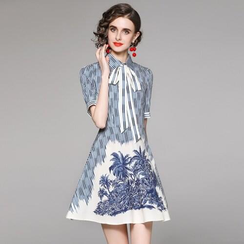 2021 New Summer Fashion Temperament Vestidos Female Lapel Button-breasted Bow Tie Striped Print Mini Dress DF392