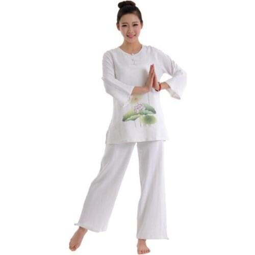 Solid Zen Meditation Clothes Yoga Sets Loose Trousers Tops Set Tai Chi Clothing Ladies Linen Outdoor Yoga Shirt+Pants