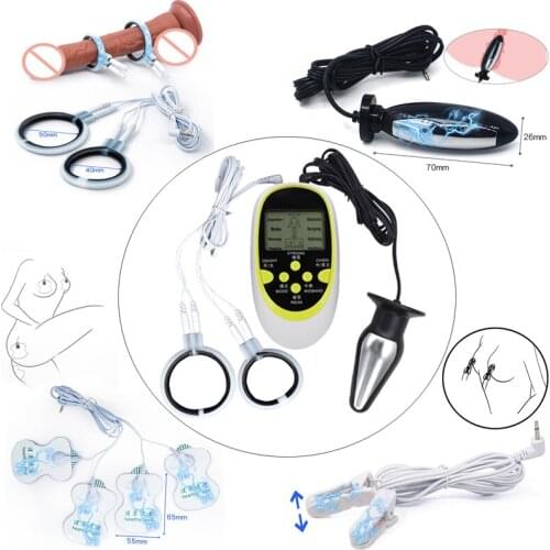 Electric Shock Anal Vaginal Plug E-Stim Silicone Penis Ring Bdsm Nipple Clamp/Pad Prostate Massager Couple Sex Medical Toy Kit