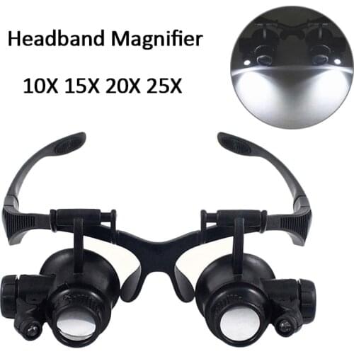 Headband Glasses Magnifier With LED Light 10X 15X 20X 25X Magnifying Glass For Watchmaker Jewelry Optical Lens Glass Magnifier
