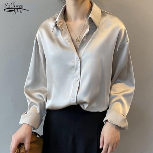 2021 Long Sleeves Female Solid Loose Shirts Autumn Button Up Satin Silk Shirt Women Vintage Blouse Women White Lady Blusas 11355