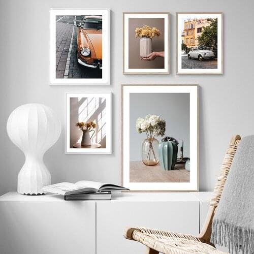 Nordic Wall Art Prints Summer Car Vase Canvas Picture for Living Room Frameless Flower Scandinavian Style Paintings for Interior