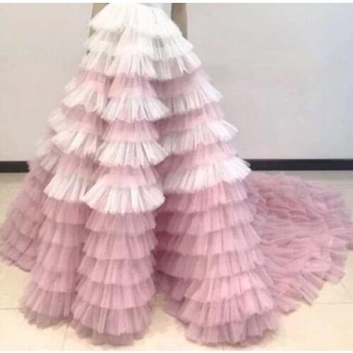 New Couture Skirt Ruffle Gradient Women Skirt Fluffy Skirt Long Tulle Maxi Tulle Pink Tiered Skirts Tail