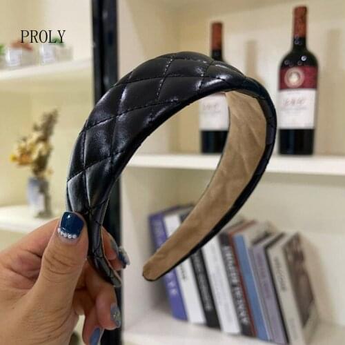 PROLY New Fashion Womens Hair Accessories 4CM Wide Side PU Leather Hairband Black Silver Headwear Classic Top Quality Headband