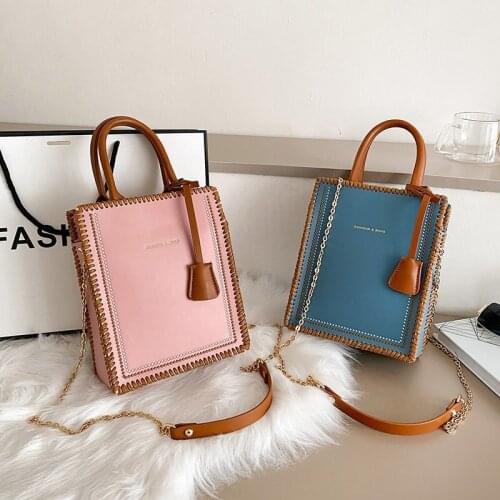 Handmade Women Contrast Color Tote Bag Design PU Leather Handbag Chain Shoulder Crossbody Bag Female Purses Small Messenger Bag