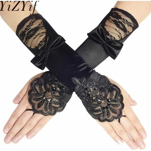 Vintage 1920s Fingerless Long Gloves Bowknot Lace Sequins Satin Party Gloves Women Halloween Role Play Opera Costume Accessories