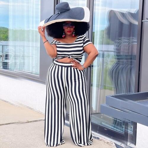 XL-5XL Plus Size Striped Two Piece Pant Suit Short Sleeve O-neck Crop T-shirts and Loose Wide Leg Trouser Streetwear Tracksuits