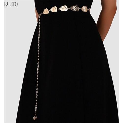 Faleto Women Metal Chain Waist Belt Metal Link Dress Belts Fashion Leaf Skinny Cinch Waistband for Jeans Pants