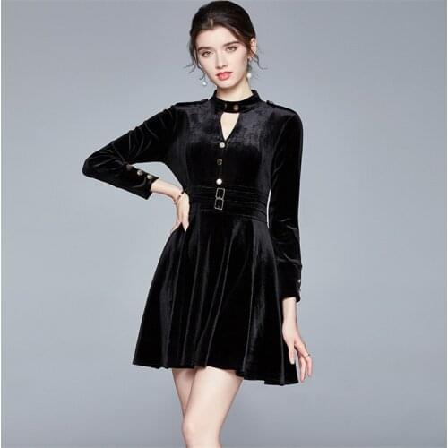Vintgae Slim Wiast Black Mini Dress Women Long Sleeve Fall 2020 Winter Velvet Dress High Quality Fashion Office Dresses Vestidos