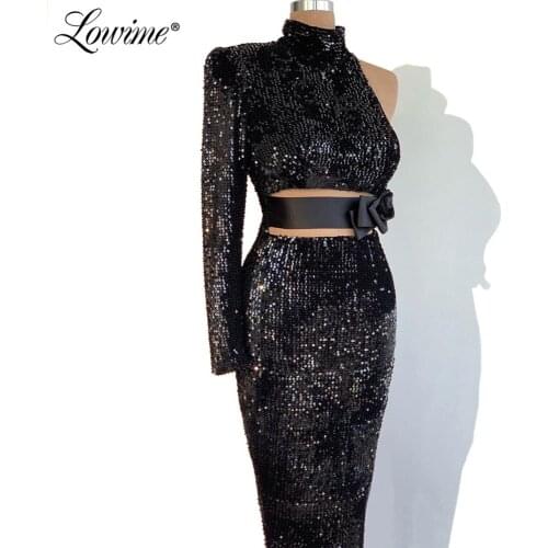 One Shoulder Long Sleeve Black Party Dress Cut-out Sexy Prom Dresses 2020 Robe De Soiree Saudi Arabic Sequins Evening Gown Abiye