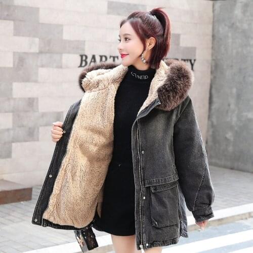 2021 Winter Lamb Hair Loose Women Denim Coats Thicken Hooded Big Fur Collar Coat Vintage Plus Velvet Denim Cotton Padded Jacket
