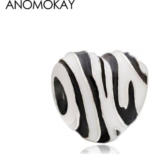 Anomokay Black & White Enamel Classic Zebra Stripe Heart Charm for DIY Bracelet & Bangle Making Accessories
