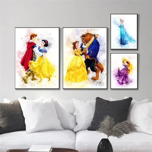 Disney Elsa Belle Princess Canvas Paintings Posters And Cartoon Watercolor Prints Wall Art Pictures for Living Room Home Decor