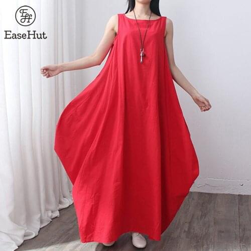EaseHut 2021 Summer Women Maxi Sleeveless Tunic Dress Plus Size Pockets O Neck Solid Loose Tank Baggy Dresses Vestidos Plus Size