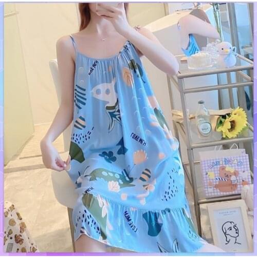 Korean Sweet Night Dress Womens Sleepwear Cotton Silk Nightdress Sexy Loose Nightgown Summer Thin Off Shoulder Nightwear Female
