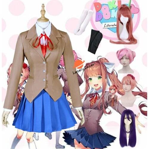 Doki Doki Literature Club Cosplay Costume Wig Monika Sayori Natsuki Yuri Coat + Shirt + Tie + Skirt Christmas Party Uniform