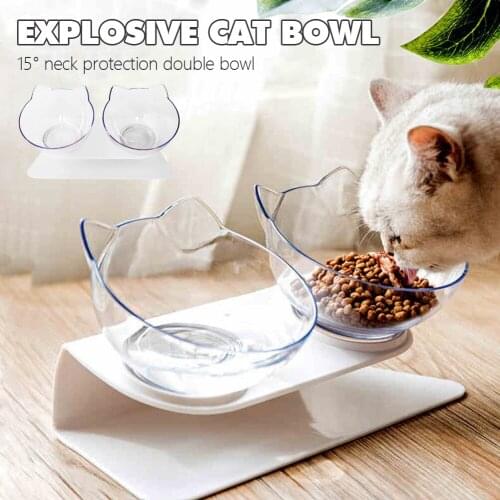Cat Double Bowl Cat Bowl Dog Bowl Transparent ABS Material Non-slip Food Bowl With Protection Cervical Feeder Cat Pet Supply New
