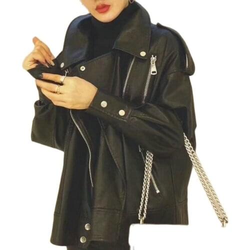 2021 New Autumn Winter Women Casual PU Loose Motorcycle Faux Leather Jackets Female Korean Chic Black Streetwear Oversized Coats