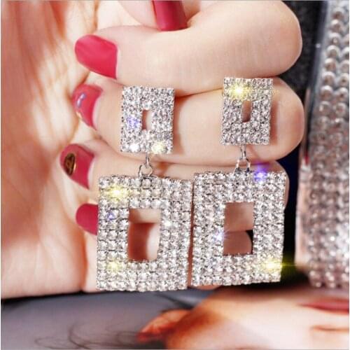 Square Rhinestone Dangle Earrings Gold Silver Color Bridal Wedding Party Jewelry For Women