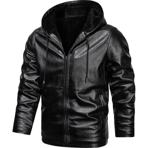 Men Vintage Motorcycle Jacket Winter Fashion Leather Coat Winter Hooded PU Overcoat Plus Size Warm Bomber Coat