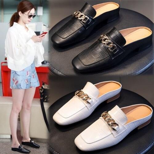 LAASIMI Cow Leather Wrap Toe Women Mules for Ladies Summer Outside Chain Slippers Casual Shoes Woman Street Style Slide Sandals