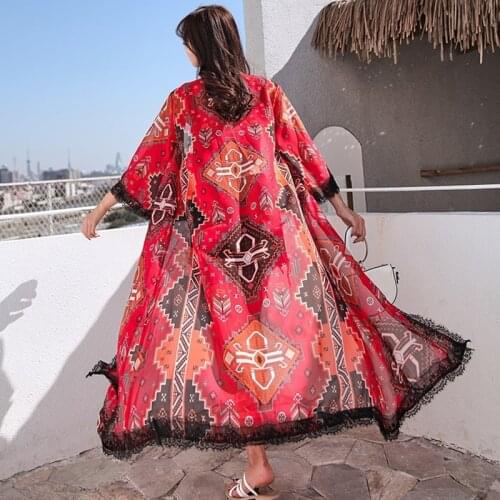 Beach Summer 2019 Blouses Bohemian Kaftan Sunscreen Mexican Long Shirt Female Tunic Red Holiday Boho Chic Cardigan Women AA4781