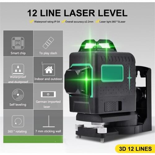 12 Lines 3D Green Laser Level Self-Leveling 360 Degrees Horizontal And Vertical Cross Lines Green Laser Line W/ Bracket Battery
