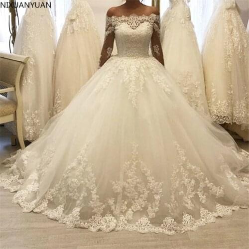 Vestido De Noiva Boat Neck Ball Gown Wedding Dresses Long Sleeves Lace Up Back Tulle Lace Applique Wedding Gowns 2021