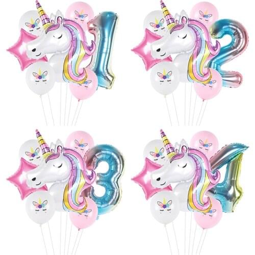 7pcs/set Unicorn Theme Balloons Rainbow Unicorn Number Foil Balloon Kids Birthday Party Baby Shower Decor Supplies
