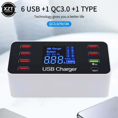 USB Charger Station Quick Charger 3.0 Smart LED Digital display 40W 8-port Multi USB Type C PD Charger Fast Charging Station HUB