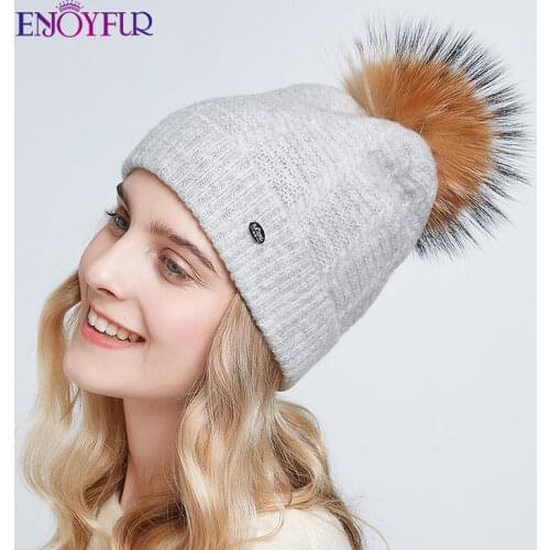 ENJOYFUR Winter women real fur pom pom hats wool knitted warm beanies 2019 new fashion ski caps