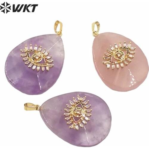 WT-P1554 Natural Stone Pendant Jewelry Waterdrop Quartz Stone With Mircopave Evil Eye For Necklace Pendant