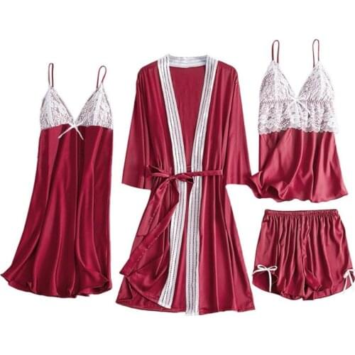 4PCS/Set Women Silk Robe Sleep Suit Lace Satin Pajamas Gown Set V-Neck Cami Nighties Wear Pijama Home Nightwear Spring Nightdres