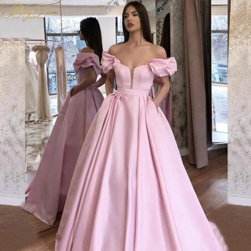 BeryLove Blush Evening Dress 2020 Pink A line Sweetheart Off Shoulder Satin Evening Prom Gown Side Sleeves Formal Dress New